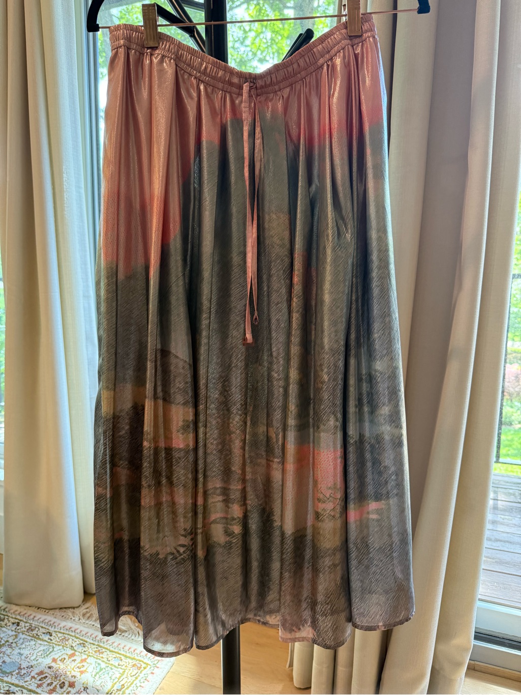 Pleated Printed Metallic Midi Skirt